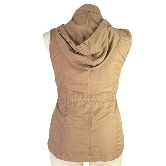 Love Tree Utility Vest Womens L Brown Cotton Cargo Pockets Snaps Hood Sleeveless - Picture 6 of 8
